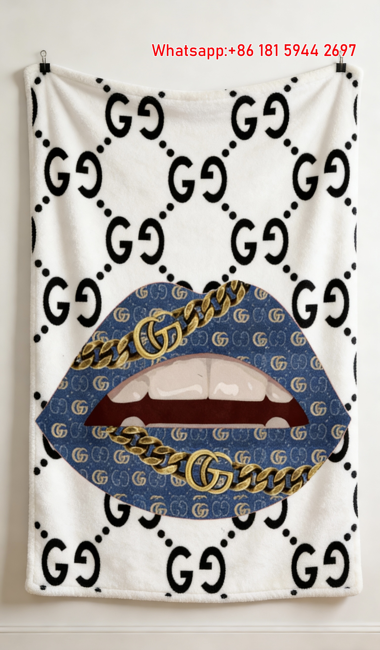 Gucci Blue Monogram Chain Throw Blankets Gucci Chain Lips Wall Tapestry IMG_2868